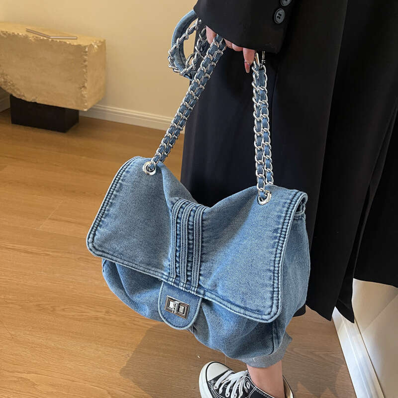 New Korean Style Bags Designer Women Washed Denim Single Shoulder Bag for Women, Niche Design Messenger Bag, Fashionable Large Capacity Handbag