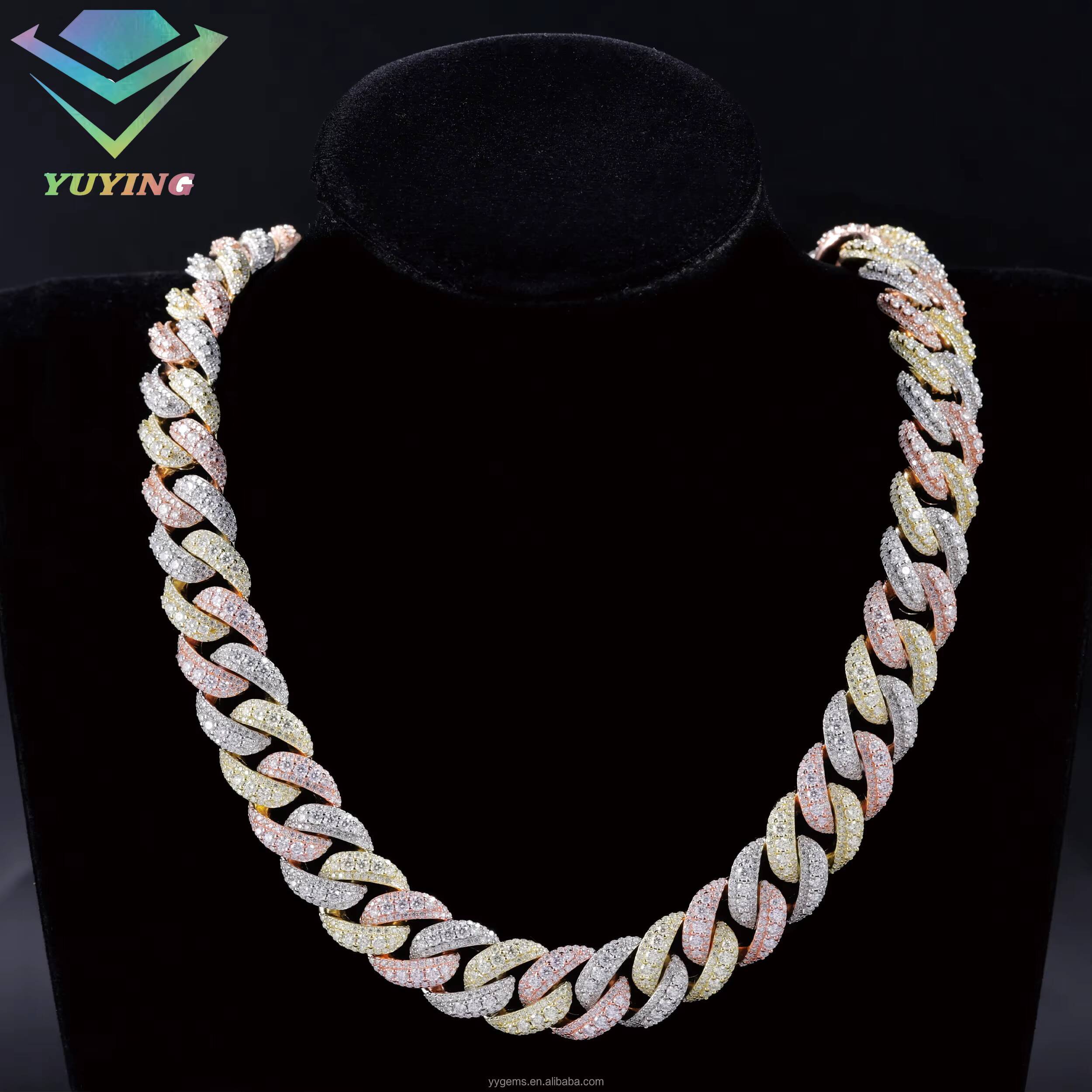 3 Tone White Rose Gold Tricolor Men Iced Out Moissanite Raised S VVS Dia Cuban Link Chain Necklace Jewelry