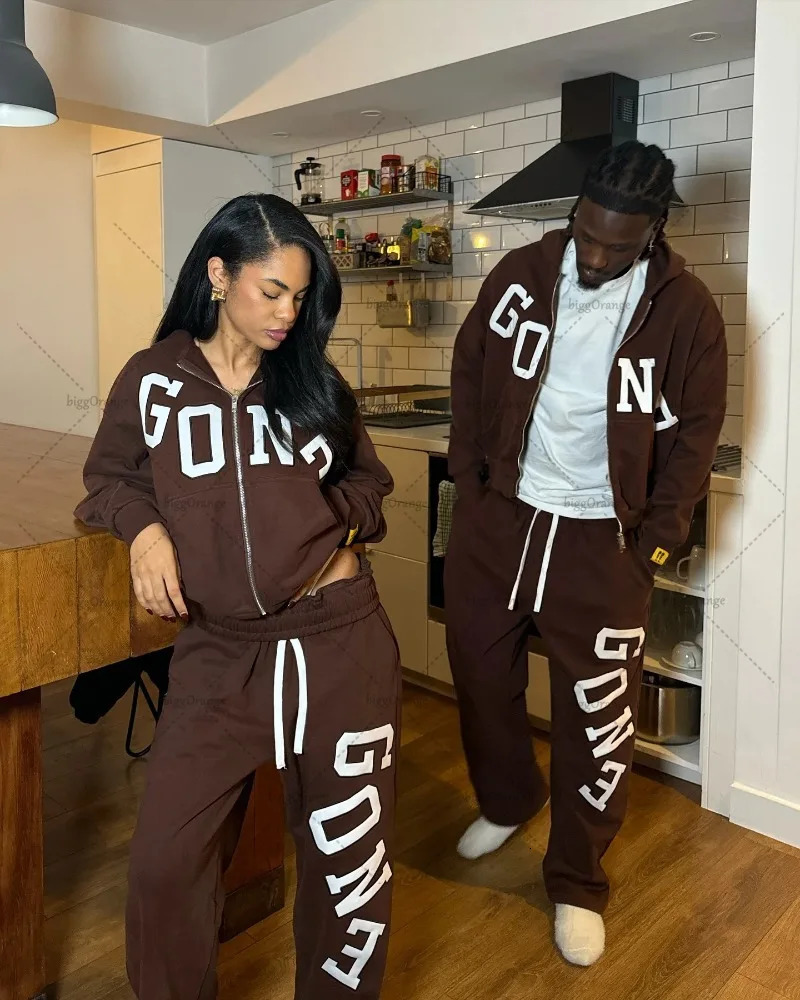 High Street Trendy Streetwear Mens Suit Two-piece Set Retro Harajuku Y2K Brown Hoodie Casual Baggy Sweatpants Jogger Women 250813