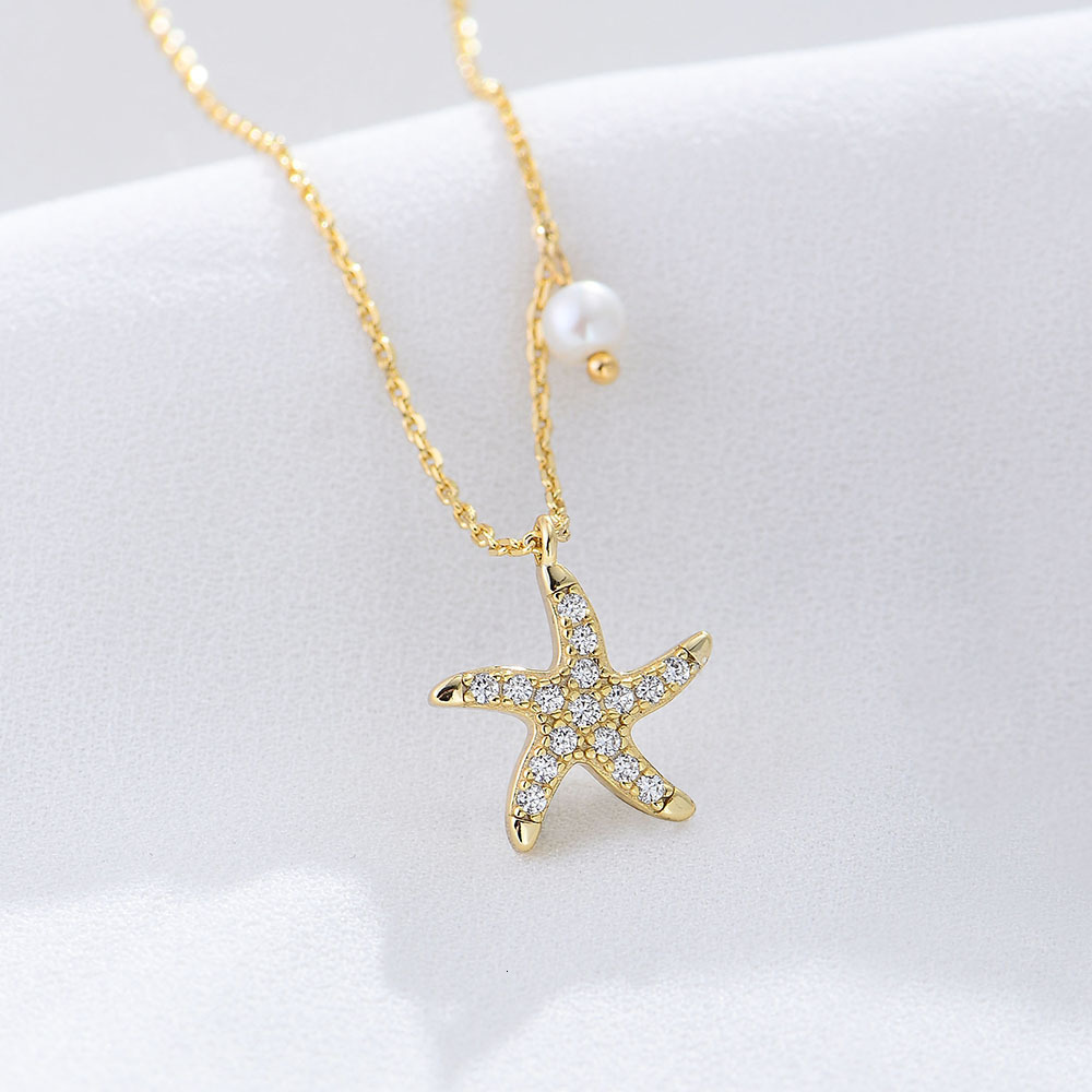 S Pure Sier Simple Full Dia Starfish Pentagram Short Clavicle Chain Pearl Necklace for Women with Unique Design and Light Jewelry for Women