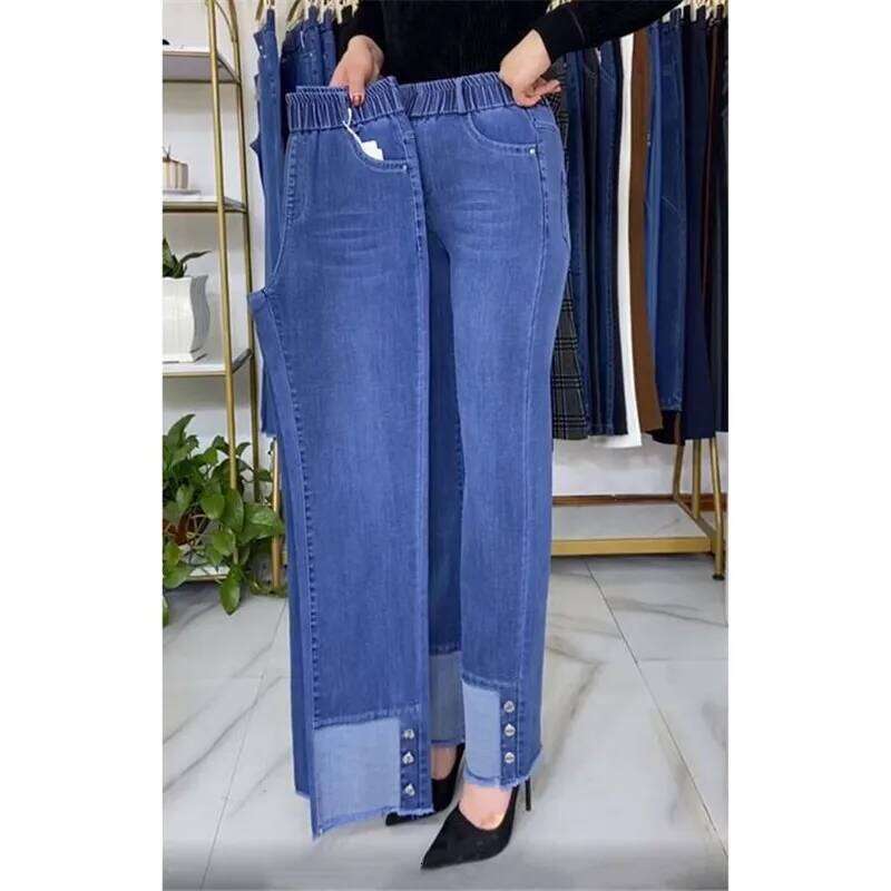Middle-aged Women's Jeans Spring Autumn Stretch Straight Denim Pants Large Size Loose High Waist Casual Black Blue Trouser