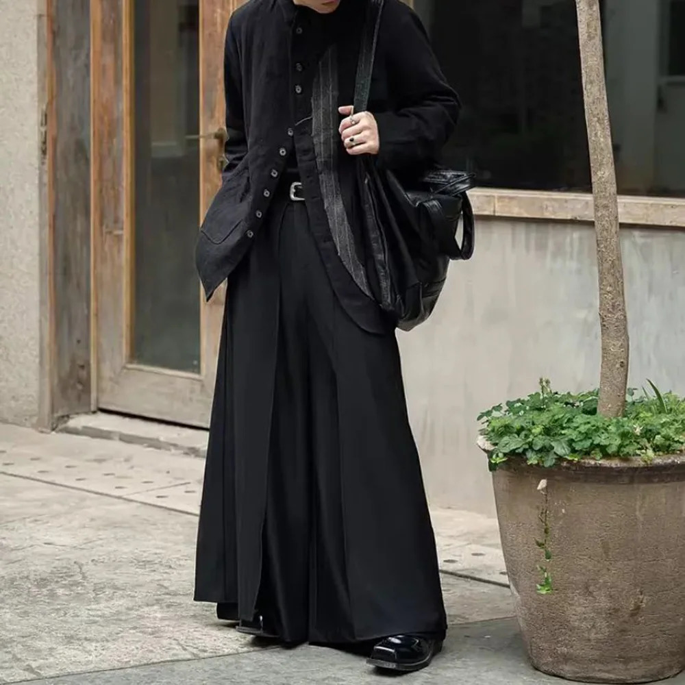Gothic Culottes Overlap Y2K Double Layer Dark Culottes Pleated Wide Leg Niche Casual Pants Skirt Unisex Mens Clothing 250813