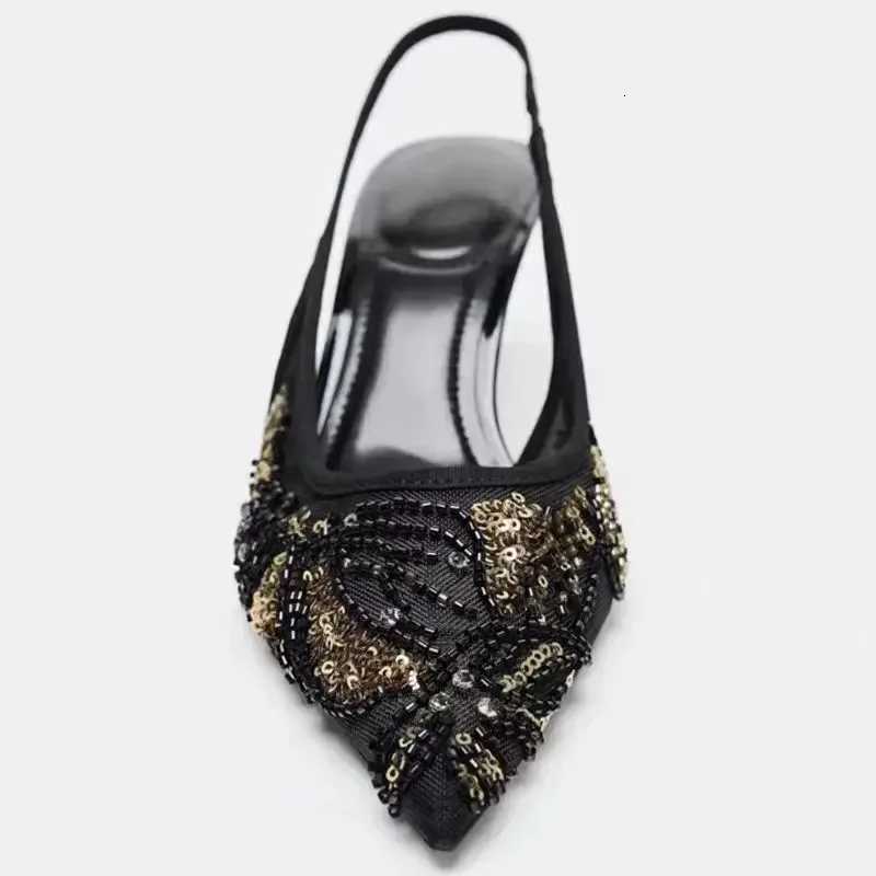 Fashion Mesh String Bead Embellished Design Heels Women Elegant Pointed Toe Back Strap Slip-On Sandals Black Party Dress Shoes W250814