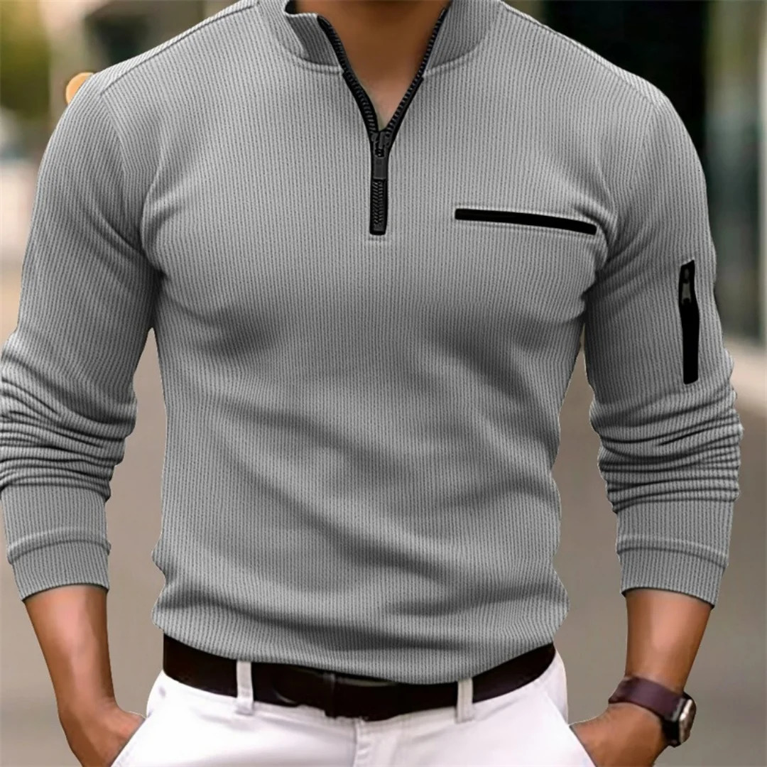mens arm zipper spring and fall leisure sports solid color striped pocket long sleeve poro shirt 250813