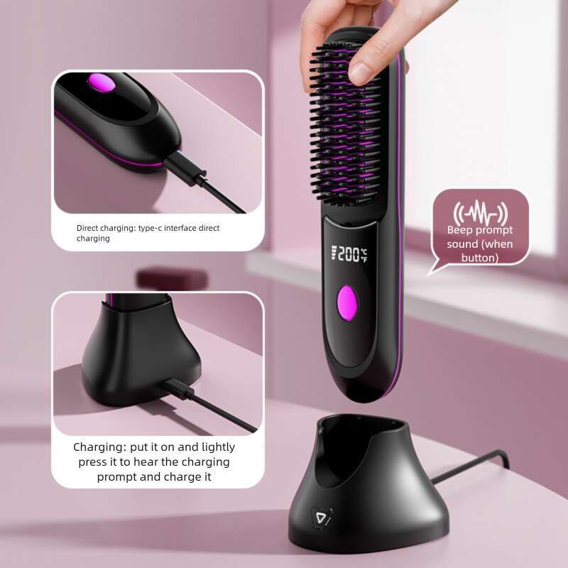 New Wireless Hair Brush Negative Ion Non Damaging Long Battery Life Portable Dual Use Curling And Straightening Iron