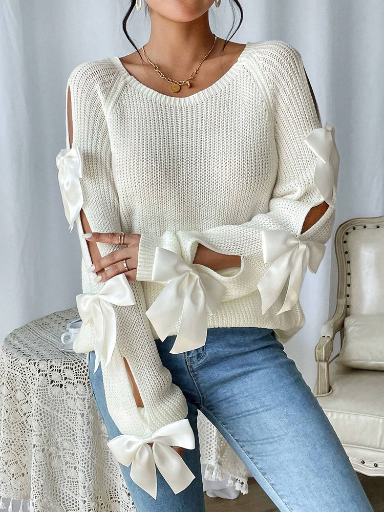 Fashionable bow details hollowed out raglan sleeves knit sweater round neck minimalist sweater