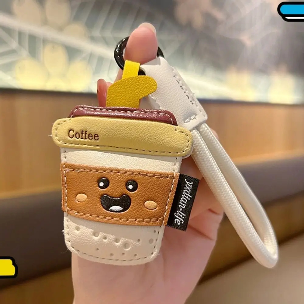 Funny Coffee Cup Shape Keychain Cartoon French Fries Ice Cream Pendant PU Leather Bag Hanging Charm Car Key Ring Bag Key Decor 250813