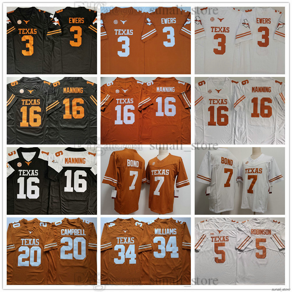 Men's Texas College Longhorns Football 16 Arch Manning Jersey 3 Quinn Ewers 7 Isaiah Bond 34 Ricky Williams 5 Bijan Robinson 20 Earl Campbell 11 Sam Ehlinger Stitched