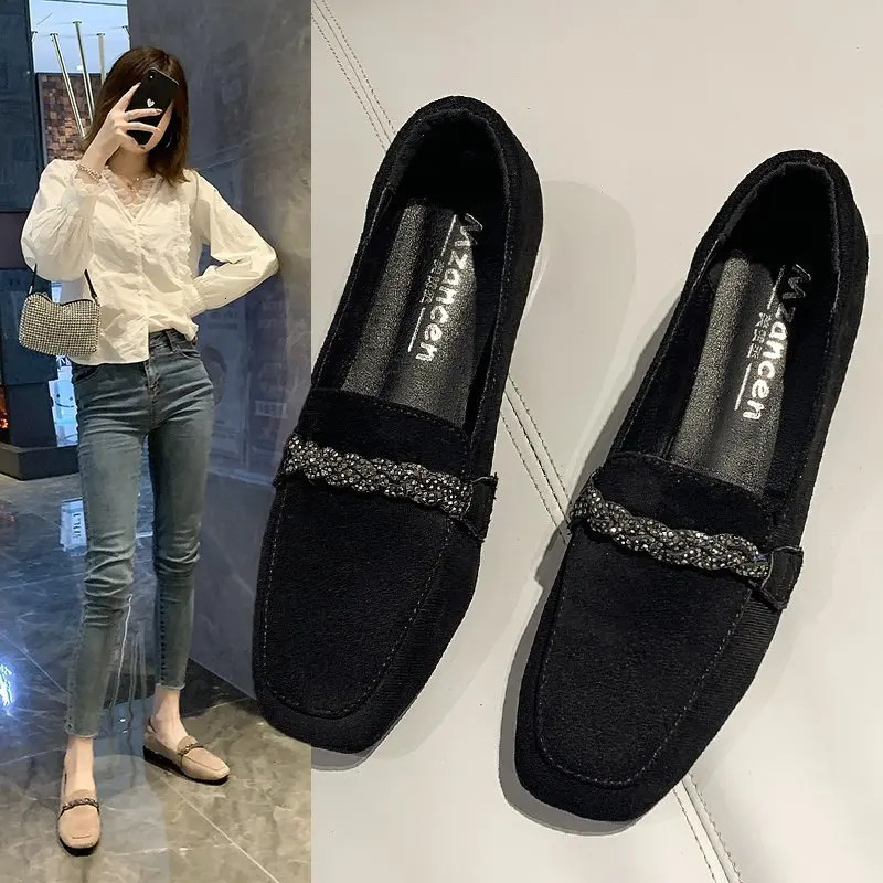 Autumn Winter Women Loafers Low Heels Boat Shoes Square Toe Dress Shoes Chain Faux Suede Plush Warm Ladies Shoes Plus Size 250809