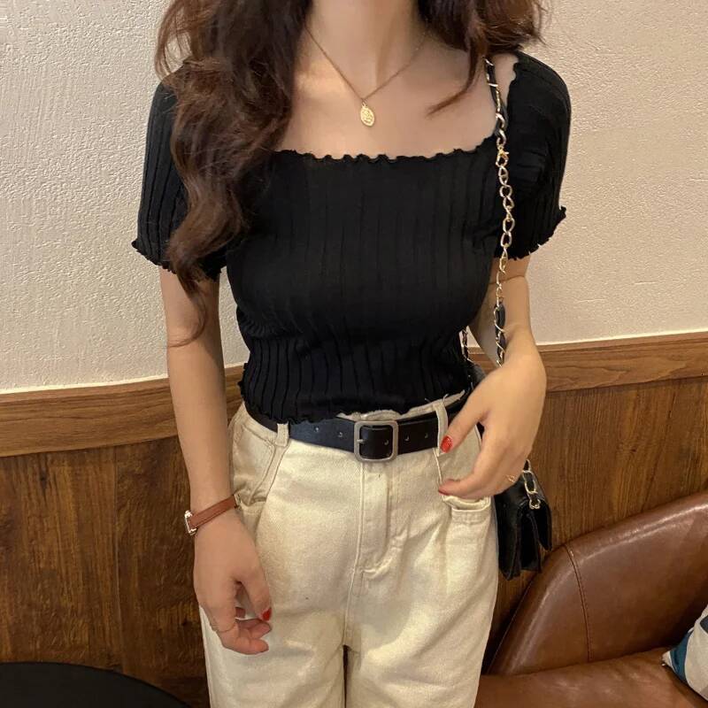 2025 fashion Women's Knitted Ruffle Hem Top Cute Umbilical Top Off Shoulder T-shirt Summer Women's Short Sleeve T-shirt Designer Top