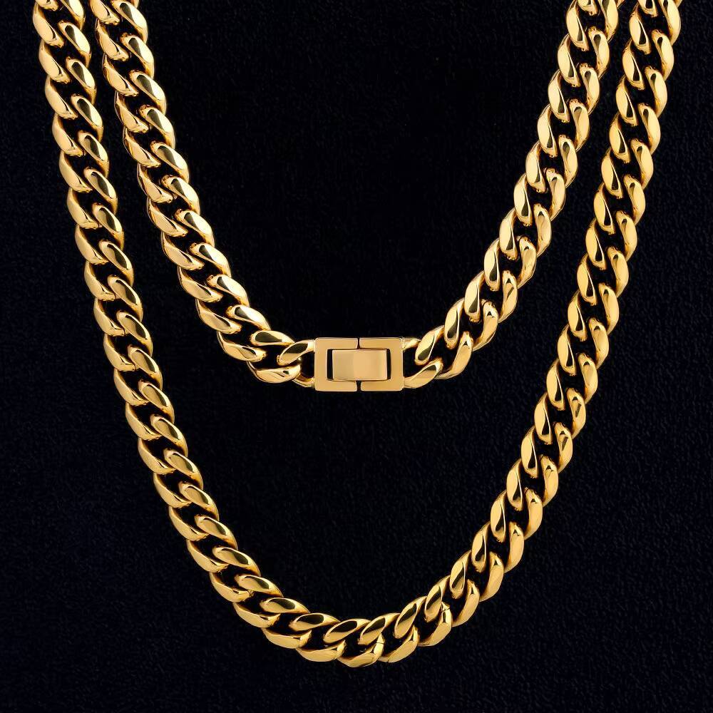 KRKC Wholesale Jewelry 8mm 10mm 12mm 18K Gold PVD Stainless Steel Miami Cuban Link Necklace Fold Over Clasp Mens Chains