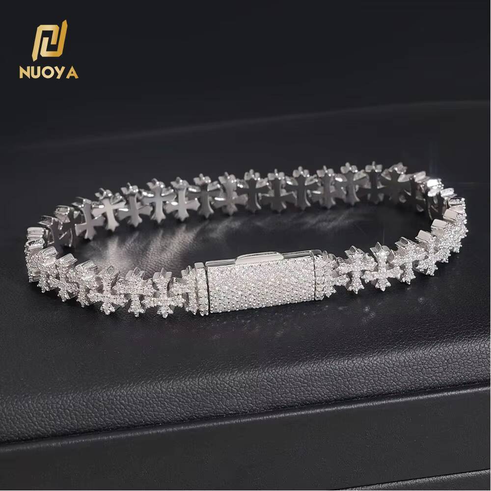 NUOYA 8MM Chain VVS Moissanite Hip Hop Sier Cross Cuban Bracelet for Men and Women