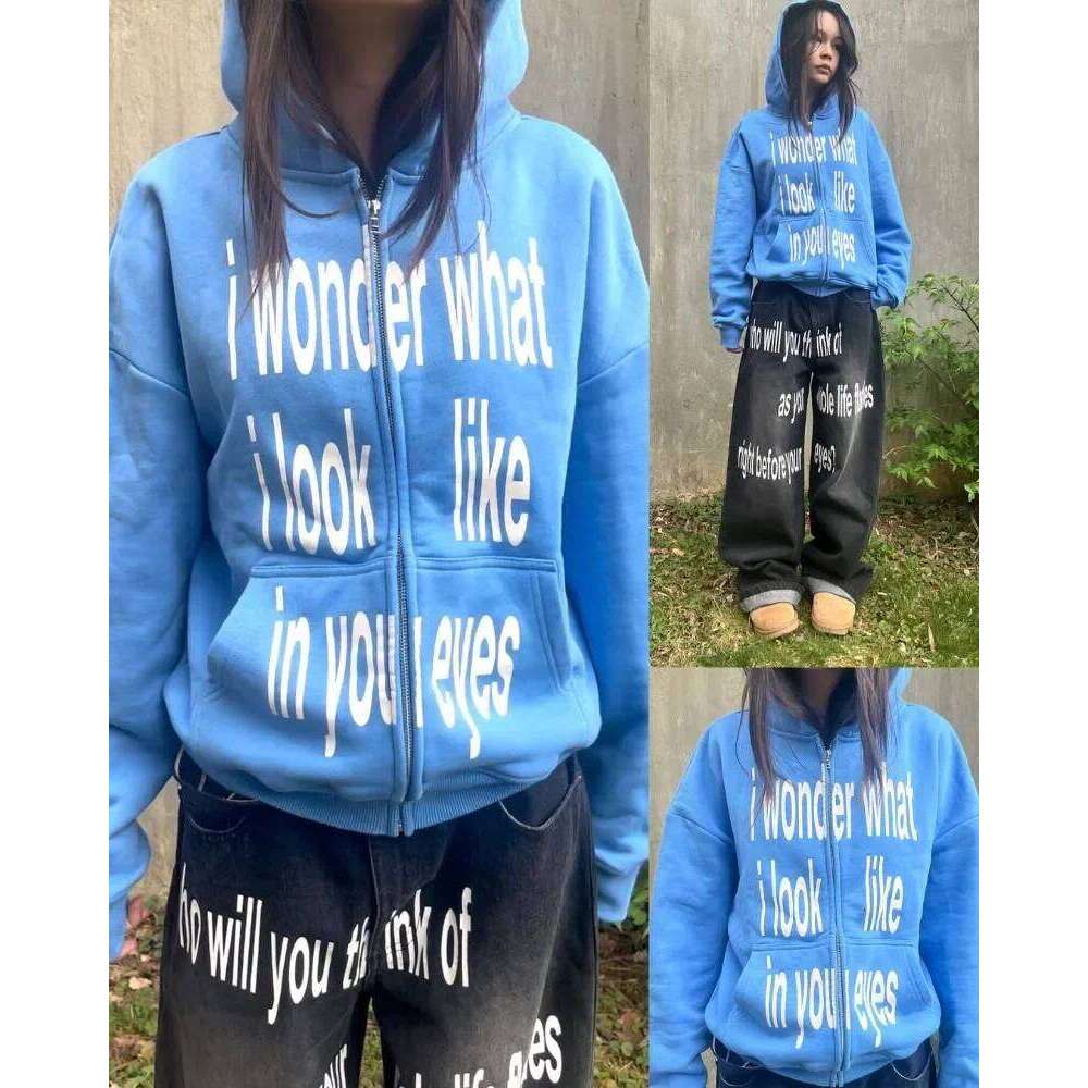 Y2k Haruku Retro Streetwear Women Hip-Hop Letter Print Zipper Hoodie Men Trendy Casual Oversized Sweatshirt Vintage Clothing