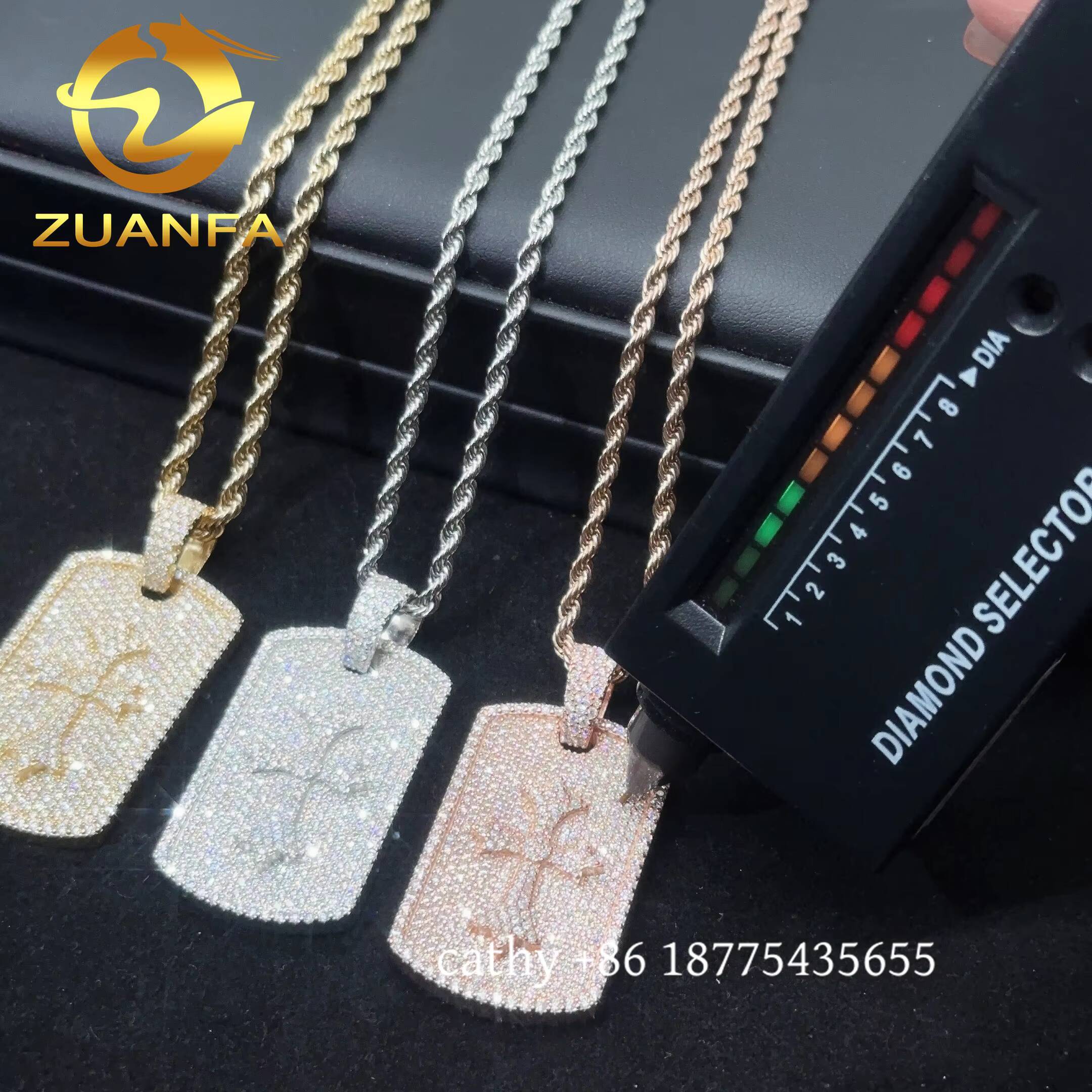 925 Solid Silver Moisssanite Tag Cross Pendant Hip Hop Jewelry Iced Out Moissanite Pendant With Stainless Steel Rope Chain