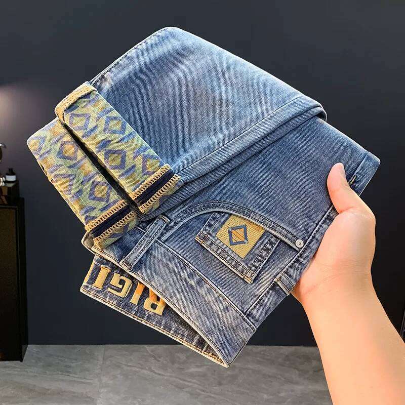 Trendy Embroidered Printed Jeans for Men 2025 New Fashionable Brand Slim Fit Elastic Washed Small Straight Pants