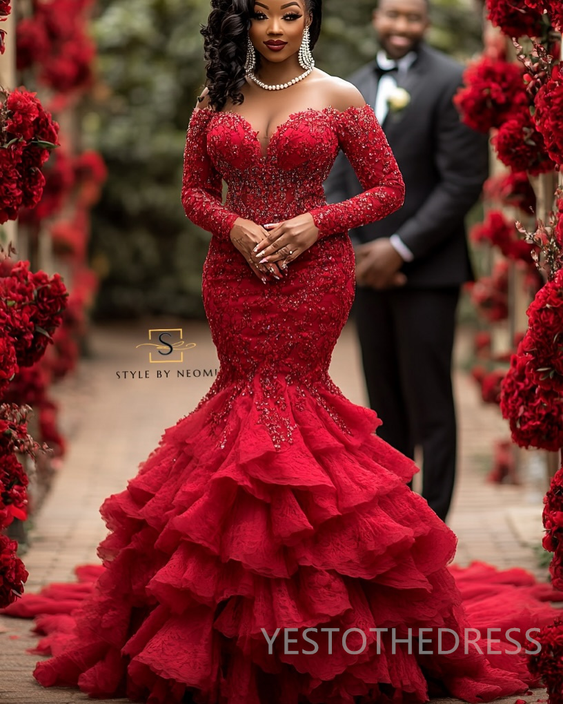 2025 Plus Size African Wedding Dress Bridal Gowns For Bride Mermaid Off Shoulder Appliqued Beaded Lace Pearls Tiered Pleat Wedding Gowns For Black Wom