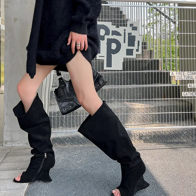 MKKHOU Fashion Knee length Boots Womens High Quality Suede Open Toe Fish Mouth Boots with Folded Wedge Heels High Boots 250812