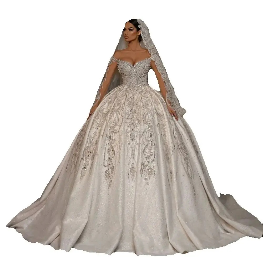 Elegant Sequined Beading Wedding Dress Ball Gown Fashion Off The Shoulder Lace Bridal Dress Customized vestidos de novia