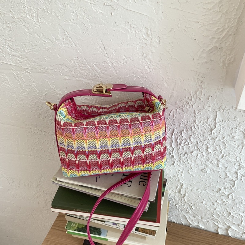 Luxury Brand Designer Bag Ethnic Style Colorful Straw Bag For Women, Niche Handbag, 2025 New Fashionable Chain Shoulder Crossbody Woven Bag