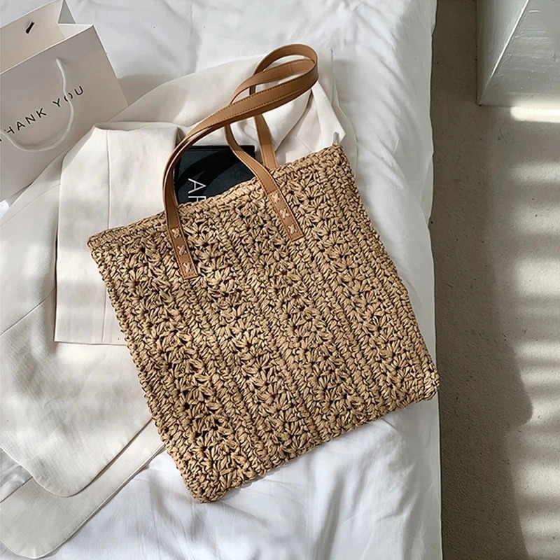 Square Hollow Straw Beach Bag Handmade Woven Shoulder Bag Raffia Rattan Shopping Travel Bag Bohemian Summer Vacation Casual Tote250813