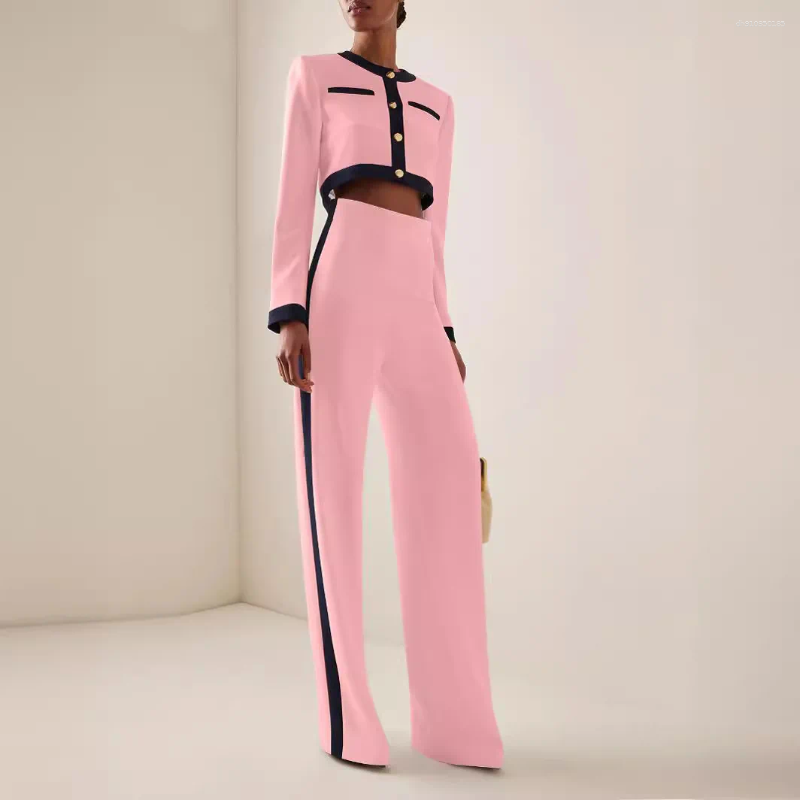 Women's Two Piece Pants Fashion Set Women Round Neck Long Sleeve Patchwork Singe Breasted Button Top Loose Wide Legs Casual Sets Autumn