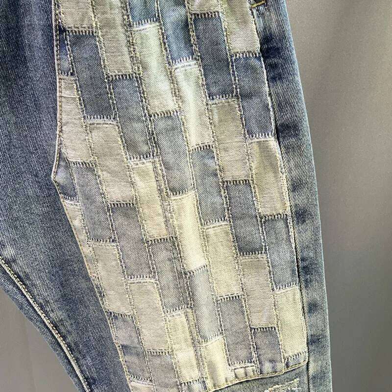 High end retro 2025 new patchwork motorcycle jeans men's fashion Korean version slim fit small straight leg pants