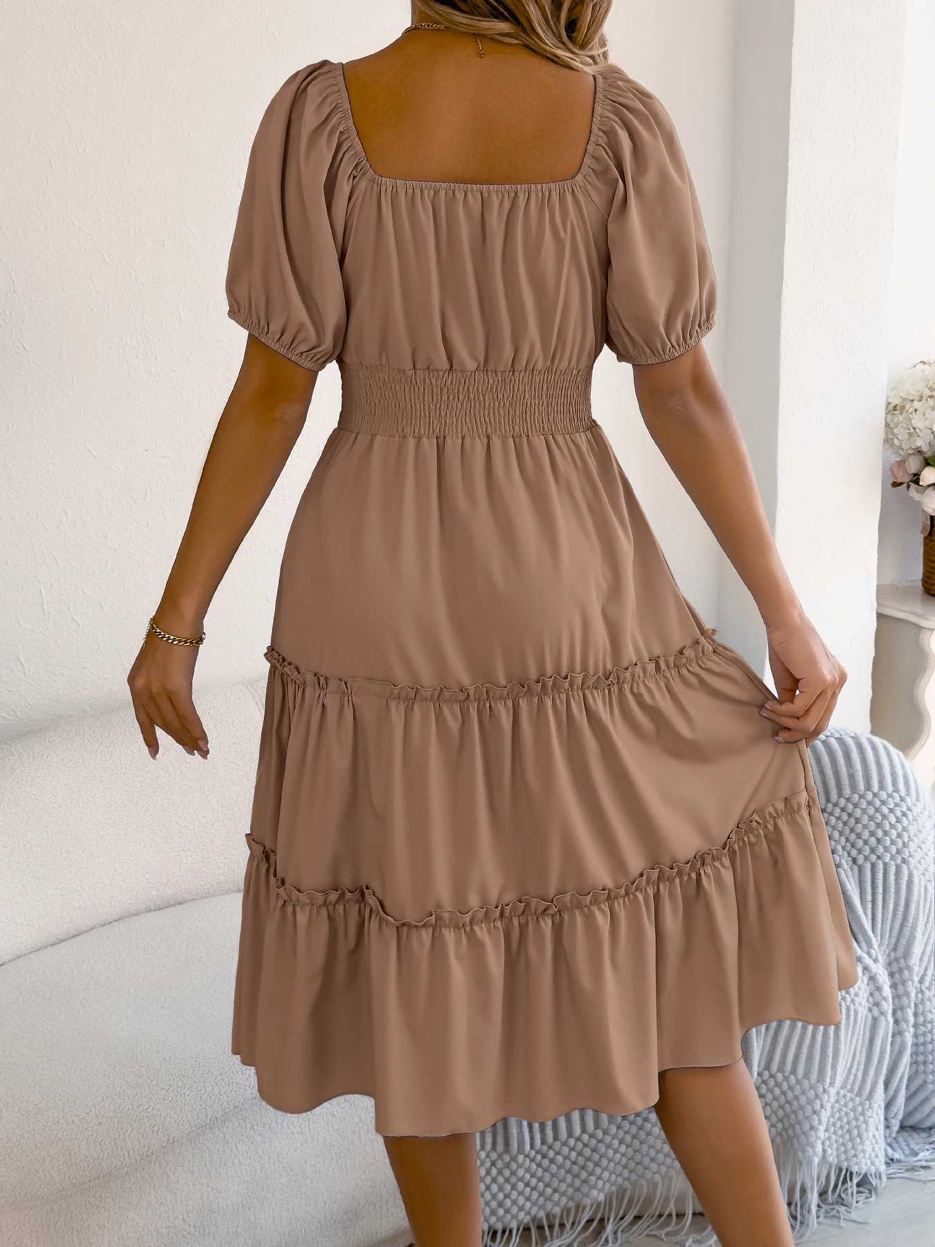 Summer Casual Solid Color Ruffle A-Line Dress Square Neck Short Sleeve Women Dresses Khaki Blue Green XJ250814