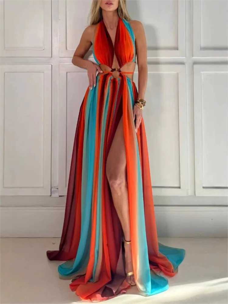 Womens Tie-dye Gradient Slim Fit Off Waist Long Dress Sexy Contrast Hollow Out Pleated Hem Chic Lady Party Holiday Wear XJ250814