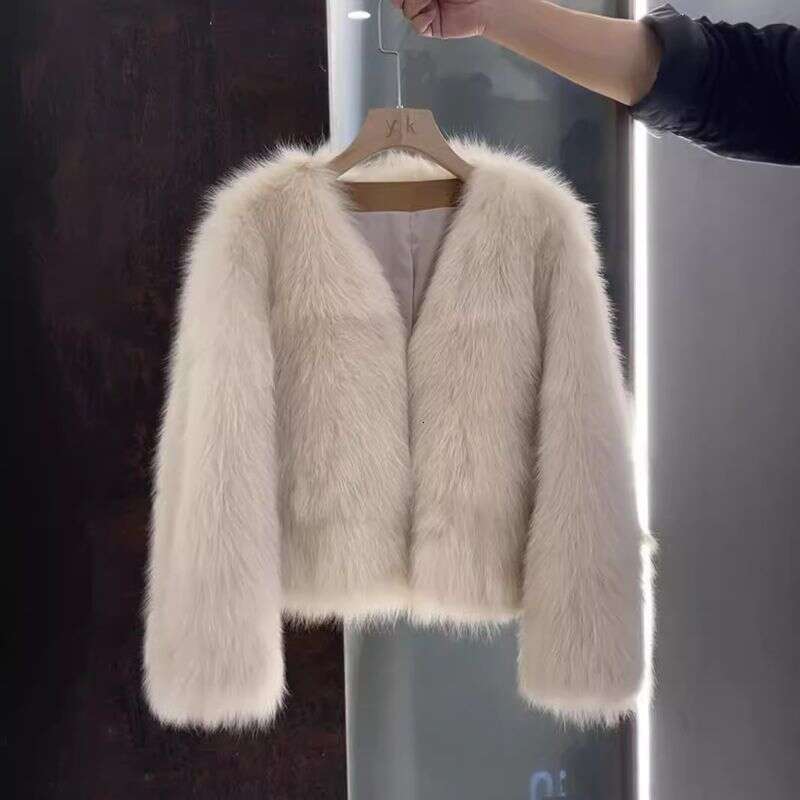 Ladies Solid Fake Fur Coat Fashion Sweet Short Thick Warm Elegant Vintage Jacket s Women V-collar Open Stitch