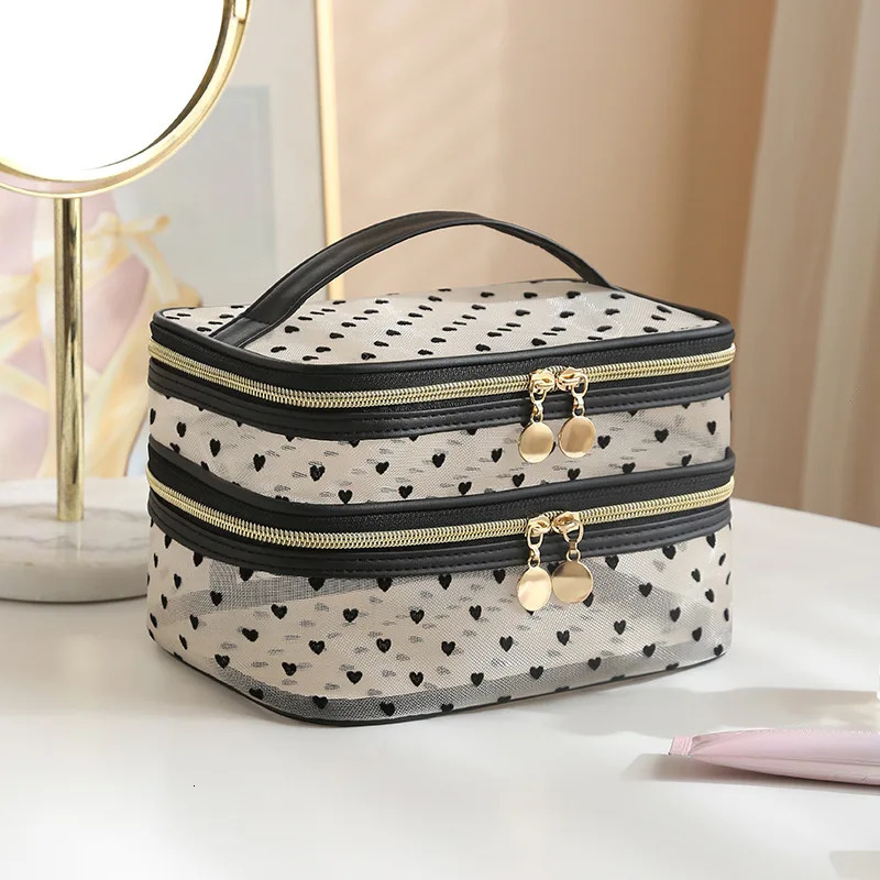 Double-layers Black Mesh Cosmetic Bag Travel Portable Large-Capacity Makeup Case Organizer Storage Pouch Zipper Toiletry Bags 250812