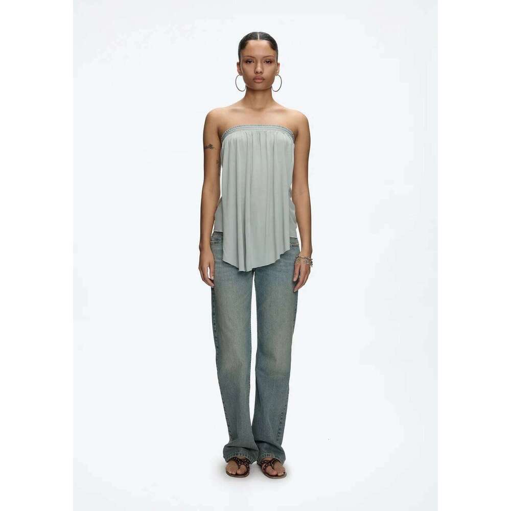 tank Vintage Blue Washed and Distressed Denim Jeans Low Waist Slim Fit Straight Leg Pants