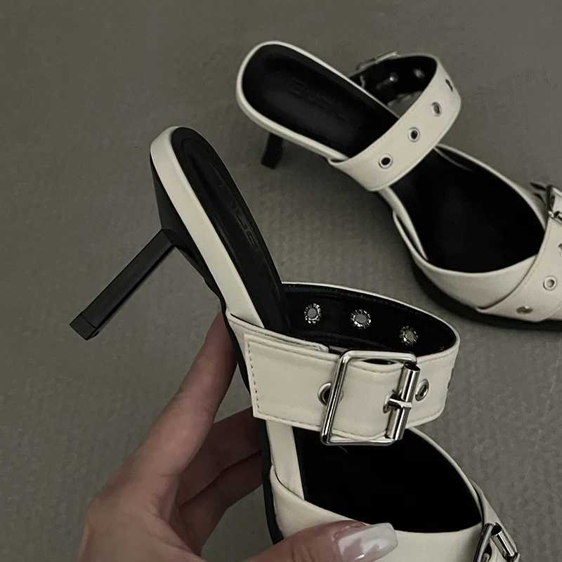 2023 Punk Goth Metal Buckle High Heels Sandals for Women Summer Pointed Toe Silver Party Shoes Korean Style Thin Heels Sandals W250814