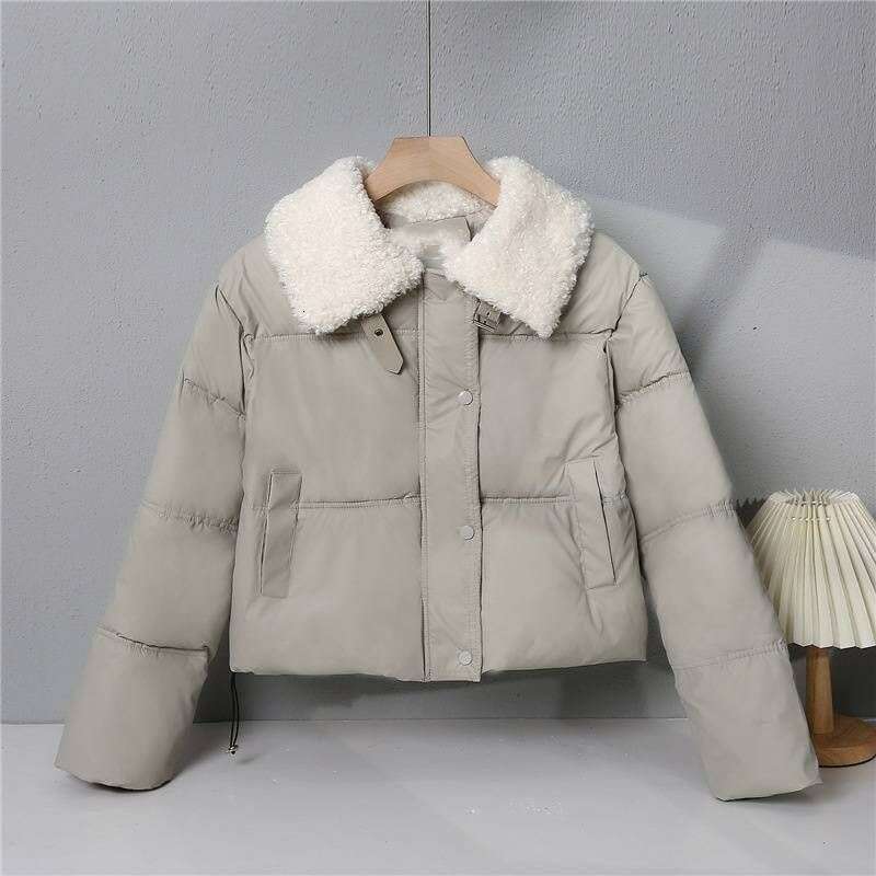 Lamb wool wash free PU leather down cotton jacket for women, short winter thick stand up collar bread jacket, small fur collar jacket