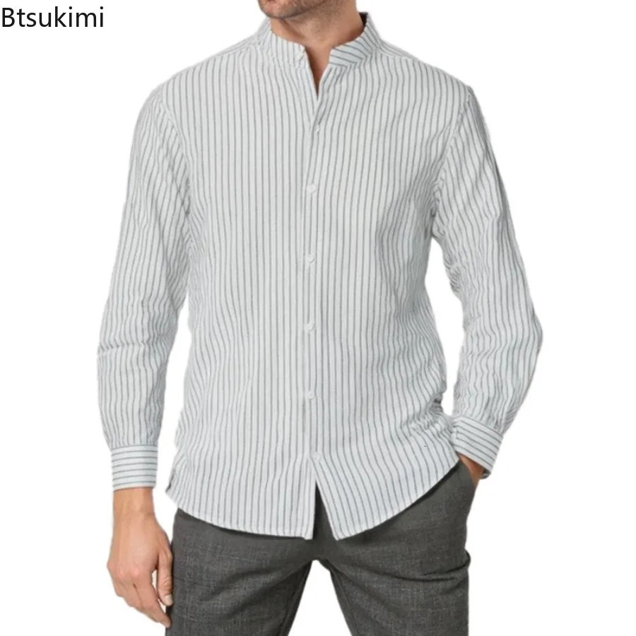 Spring Autumn Mens Casual Shirt Business Style Linen Striped Stand Collar Long Sleeve Cardigan 250813
