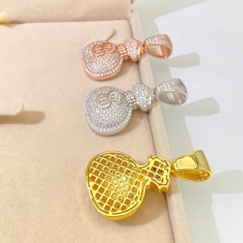Iced out 925 Sterling Silver Hip Hop Diamond Pendant D Color VVS Moissanite Money Bag Gold Plating Rope Chain GRA Certificate