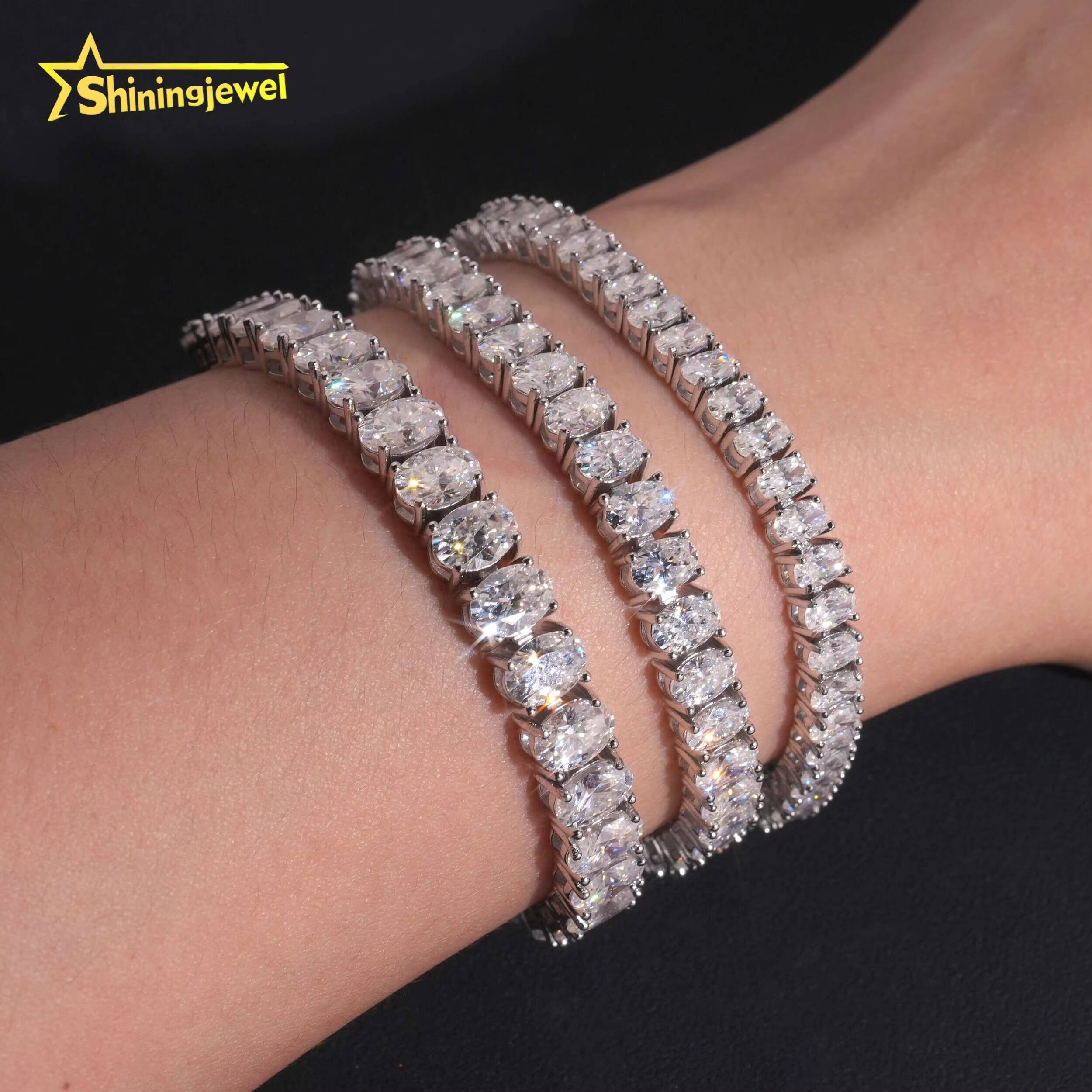 3 Sizes Iced Out Hip Hop Trendy Jewelry Oval Cut Tennis Chain Bracelet Sier VVS Moissanite Dia Necklace