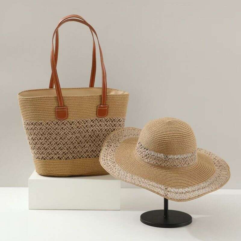 Handle Bags Large-capacity Bag Set, Large Eaves Sunshade Straw Hat, Single-striped, Single-shoulder Woven Beach Bag, Women's Trend
