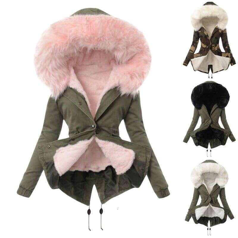 Winter Warm Cotton Jacket Women's Zipper Long Sleeve Slim Fit Hooded Coat Fur Collar Style Fashionable Outerwear