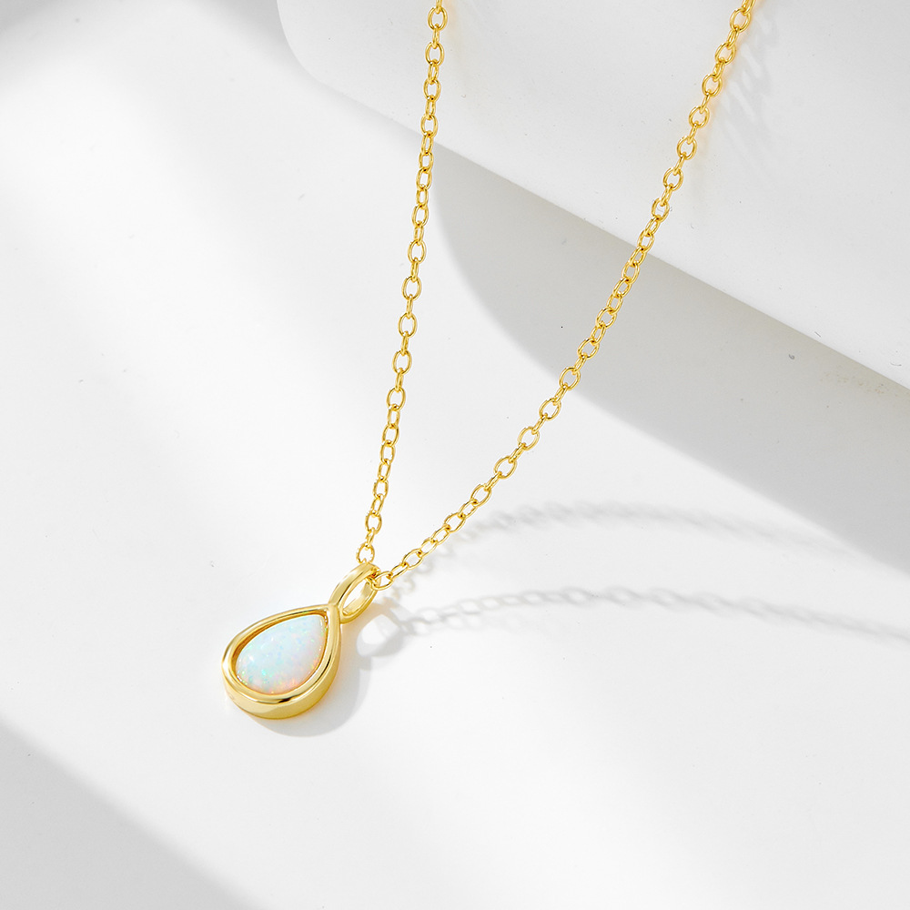 S Pure Sier Geometric Pear-Shaped Opal Necklace Light Ins High-End Simple Water Drop Pendant Collarbone Chain Jewelry for Women