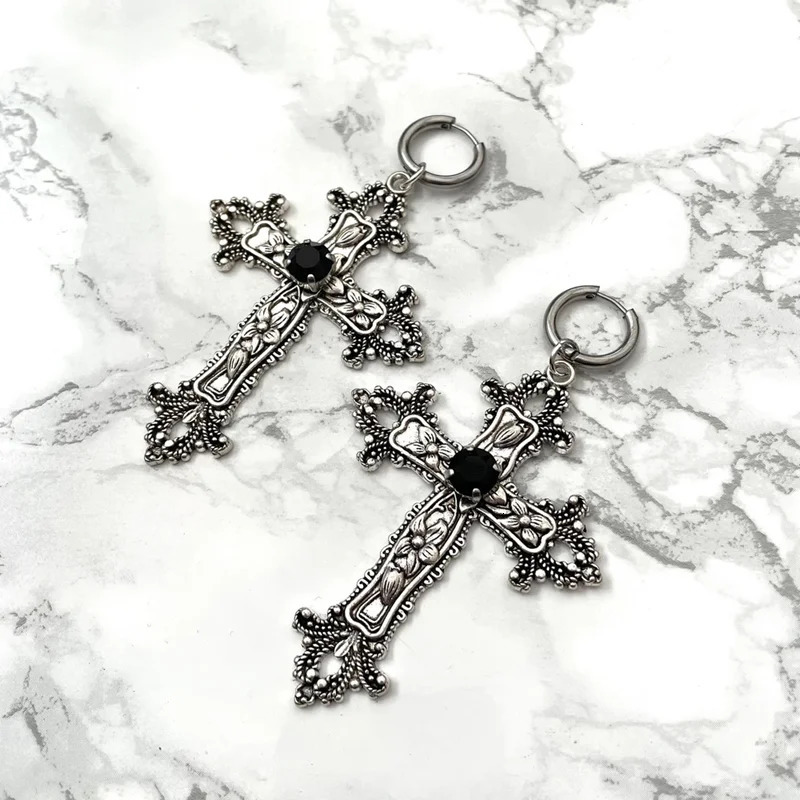 Gothic Large Silver Colour Tone Jewel Cross Earrings with Black Punk Hallowmas Jewellery Gorgeous Wedding Statement Women 250812