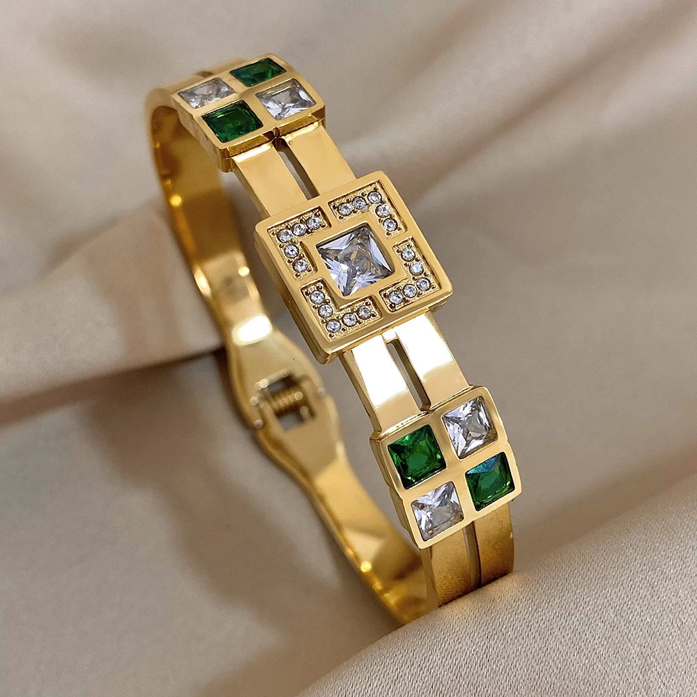 Royal Emerald Green White Zircon Stainless Steel Bangle Cuff Bracelet Italian Charm Large CZ Waterproof Bangles Jewelry 250812