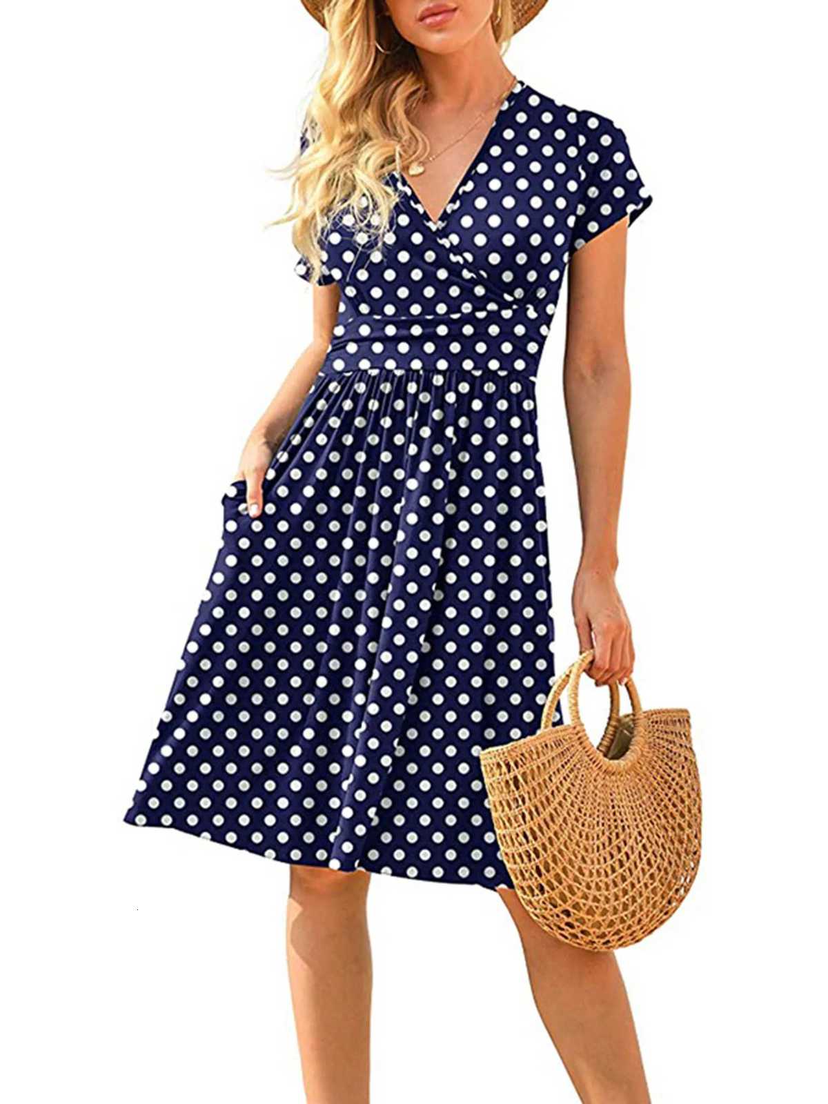 2024 Spring/Summer New Womens Long Skirt V-neck Short Sleeve Pocket Printed Loose Dress in Europe and America XJ250814