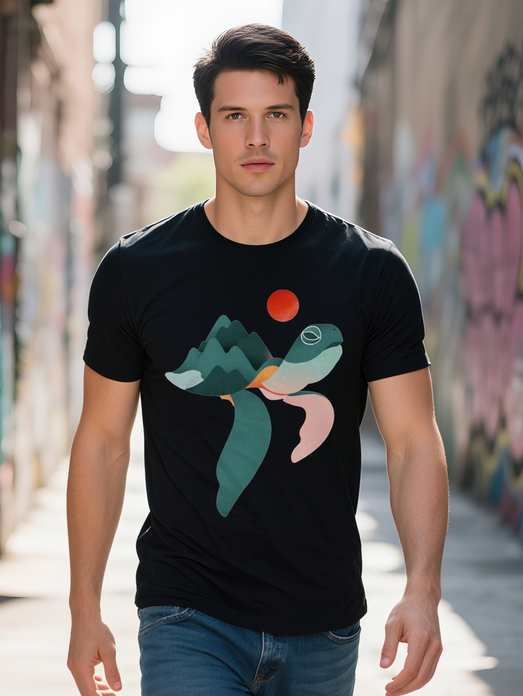 s Casual Graphic Tee Black Round Neck T Shirt with Stylish Mountain Whale Design Perfect Gift for Men Summer