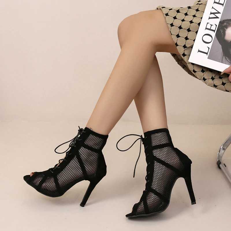 Sexy High Heels Hollow Mesh Sandals Women Summer Cross-tied Peep Toe Heeled Sandals Ankle Strap Dance Shoes Black Net Sandals W250814