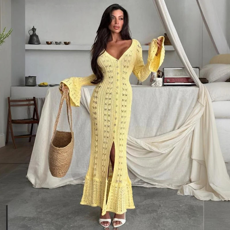 Tornova Fashion Hollow Knitted Dress For Women Flared Long Sleeve Casual Vacation Maxi Dress Summer Buttons Dress Knitwear 250813