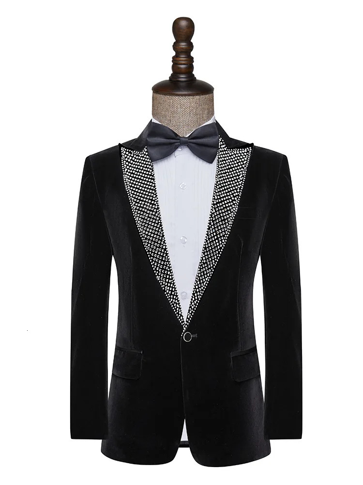 Formal Wedding Suit Jackets Black Velvet Rhinestones Collar Blazer Banquet Prom Party Tuxedo Male Singer Concert Stage Suit Coat 250811
