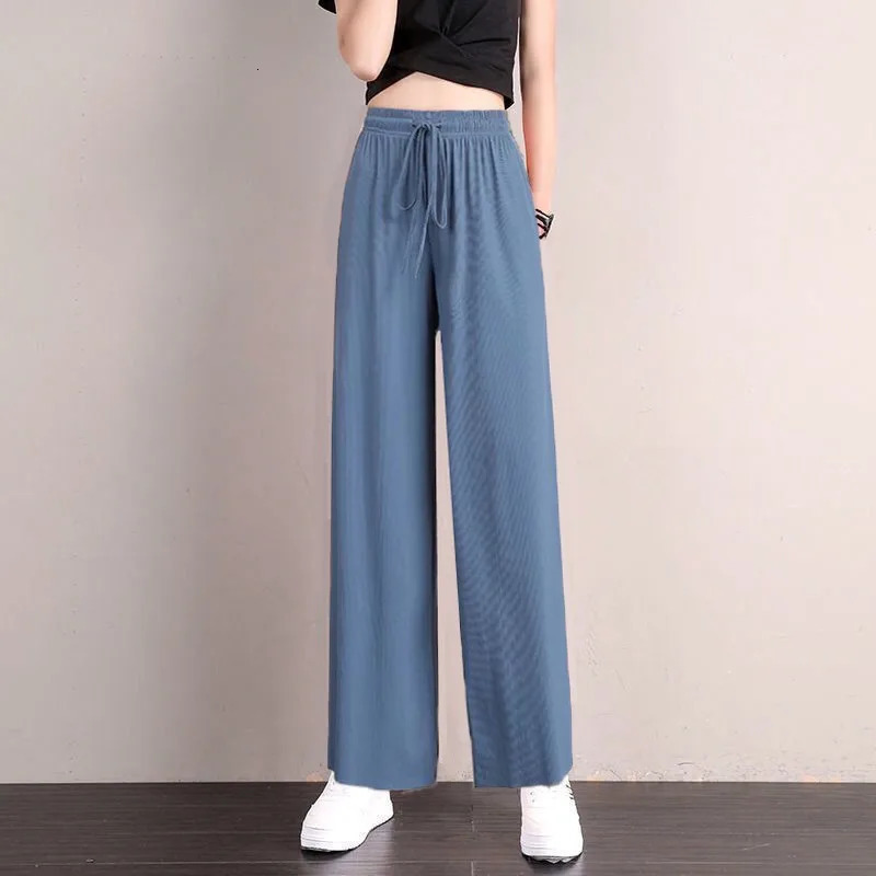 1pcs Summer Women Ice Silk Pant Female High Elastic Waist Drawstring Pocket Loose Straight Trousers Student Sports 250808