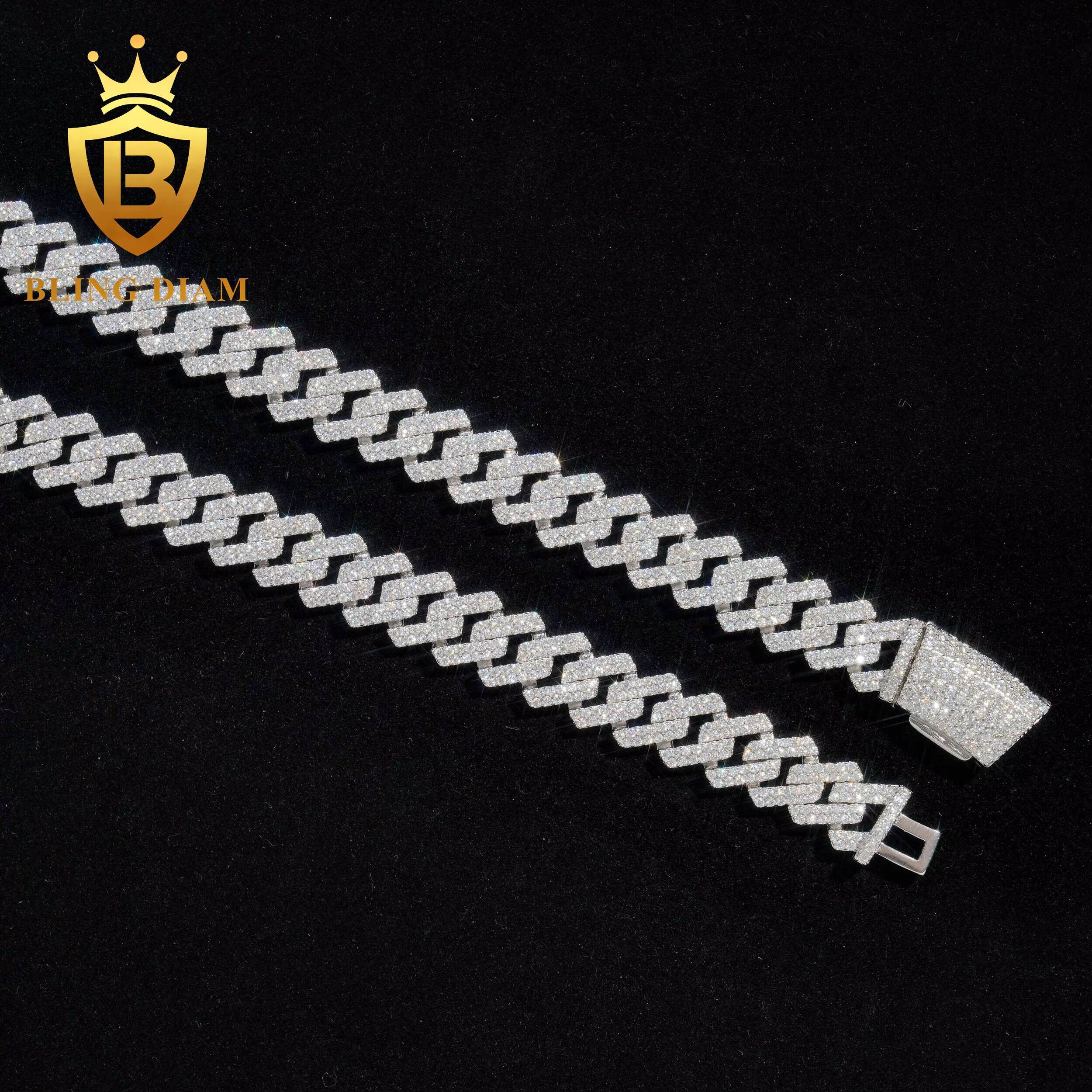 High Quality 13.5mm 2 Row Moissanite Diamond 925 Sterling Silver Cuban Link Chain Hip Hop Jewelry for Men Cuban Link