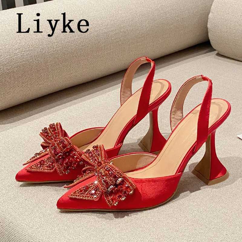 L ik e Spring Summer Fashion Rhinestone Bowknot Women Pumps Sexy Silk Pointed Toe Strange High Heels Party Prom Shoes Gold Silver W250814