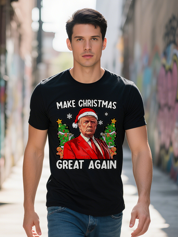 Men s Festive Black T-Shirt Make Great Again with Santa Hat Tree Design Casual Short Sleeve Crew Neck Perfect